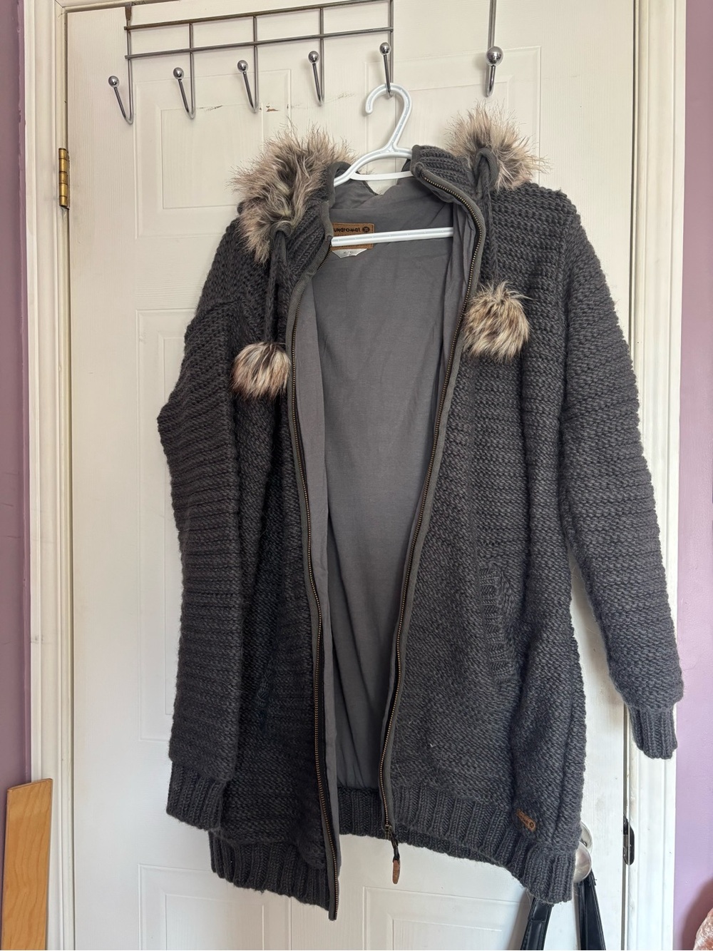 Women’s Charcoal Teddy Knit Hooded Jacket with Faux-Fur Trim